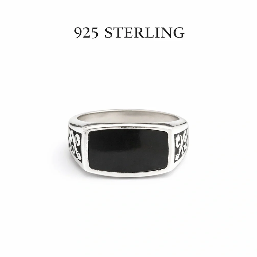 Vintage 925 Sterling Silver Black Onyx Ring Engraved Statement Ring